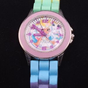 Shopkins children's watch with a rainbow-striped silicone band